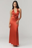 Mac Duggal Halter Rosette Satin Maxi Dress