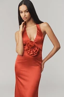 Mac Duggal Halter Rosette Satin Maxi Dress