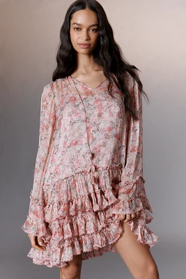 Mac Duggal Long-Sleeve Ruffled Tie-Neck Mini Dress