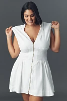 The Tommie Cap-Sleeve Smocked Front-Zip Shirt Dress: Linen Mini Edition