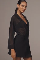 Maeve Long-Sleeve V-Neck Sheer Twofer Mini Dress