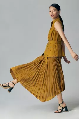 By Anthropologie Sleeveless Vested Pleated Midi Dress
