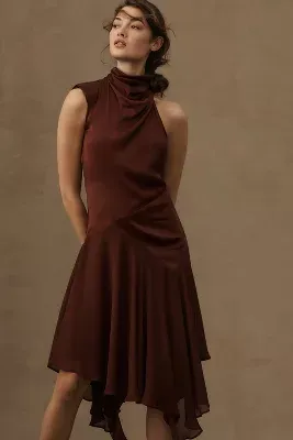 By Anthropologie Mock-Neck Asymmetrical Draped Midi Dress