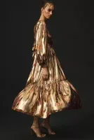 By Anthropologie Long-Sleeve V-Neck Metallic Midi Dress
