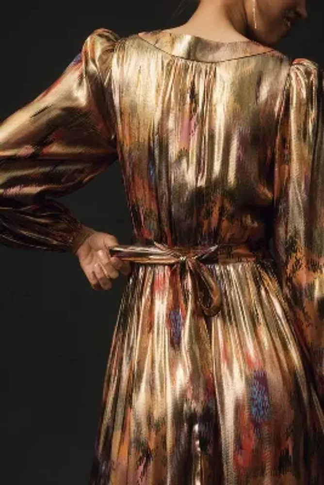 By Anthropologie Long-Sleeve V-Neck Metallic Midi Dress