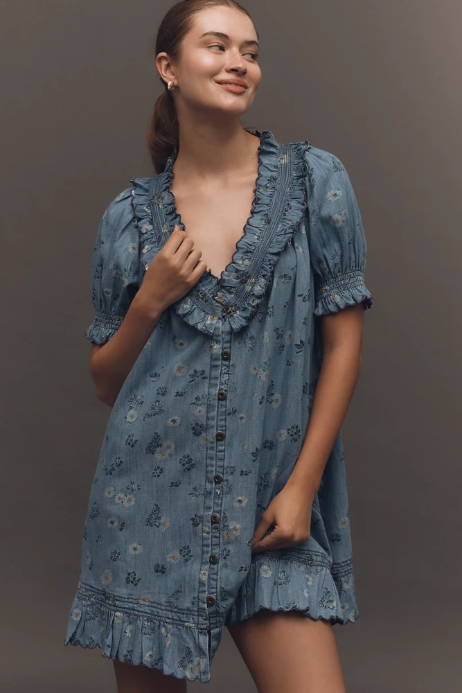 Pilcro Puff-Sleeve Ruffled V-Neck Swing Mini Dress