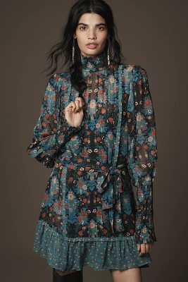 Farm Rio Arabesque Floral Long-Sleeve High-Neck Mini Dress