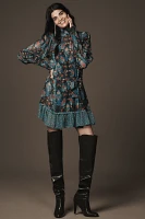 Farm Rio Arabesque Floral Long-Sleeve High-Neck Mini Dress