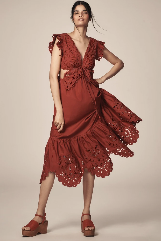 Farm Rio Red Butterfly Flutter-Sleeve Midi Dress