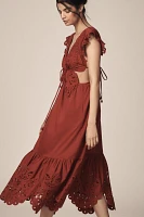 Farm Rio Red Butterfly Flutter-Sleeve Midi Dress