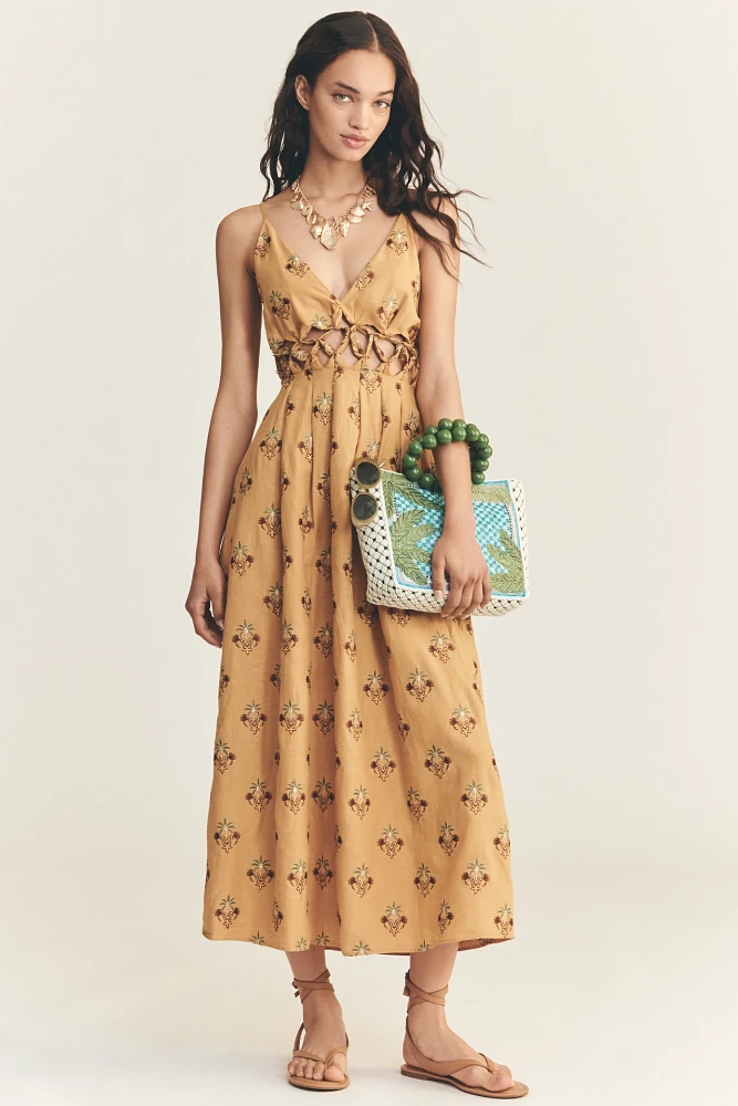 Farm Rio Printed Linen Blend V-Neck Cutout A-Line Midi Dress