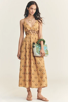Farm Rio Printed Linen Blend V-Neck Cutout A-Line Midi Dress