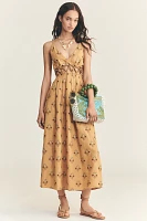 Farm Rio Printed Linen Blend V-Neck Cutout A-Line Midi Dress