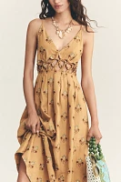 Farm Rio Printed Linen Blend V-Neck Cutout A-Line Midi Dress
