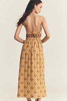 Farm Rio Printed Linen Blend V-Neck Cutout A-Line Midi Dress