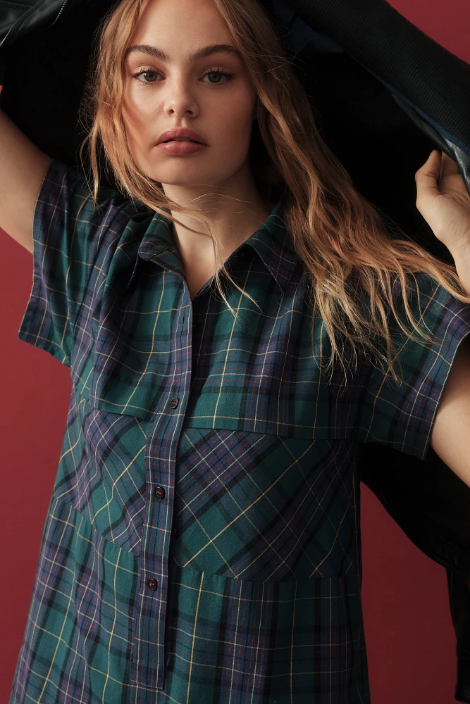 Hunter Bell Cap-Sleeve Plaid Shirt Dress