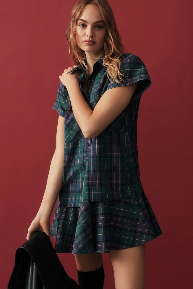 Hunter Bell Cap-Sleeve Plaid Shirt Dress