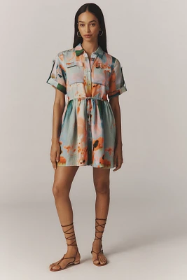 Hunter Bell Peyton Linen Blend Drawstring Waist Mini Shirt Dress