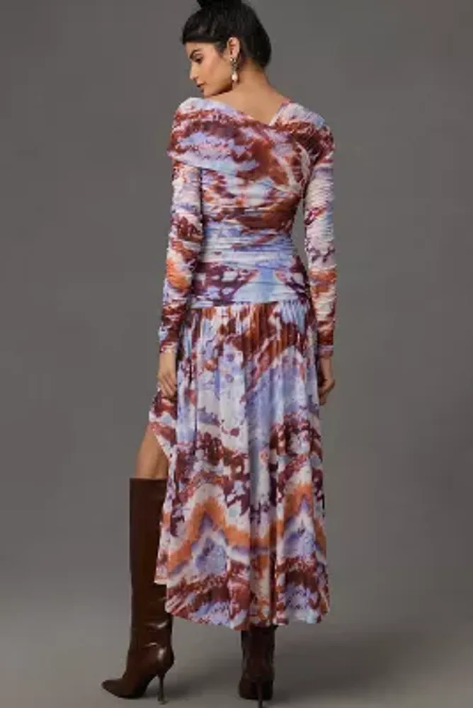 By Anthropologie Long-Sleeve Printed Shirred Midi Dress
