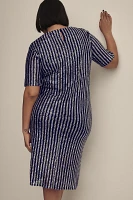 Flat White Short-Sleeve Sequin Stripe Midi Dress