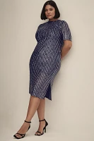 Flat White Short-Sleeve Sequin Stripe Midi Dress