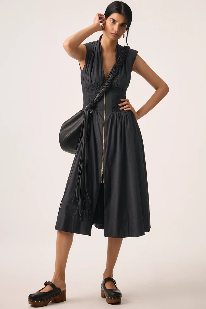 The Tommie Cap-Sleeve Smocked Front-Zip Shirt Dress