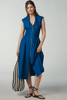 The Tommie Cap-Sleeve Smocked Front-Zip Shirt Dress
