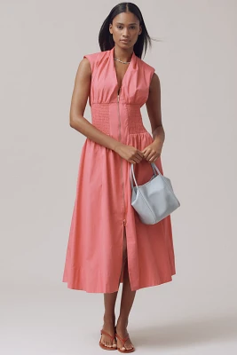 The Tommie Cap-Sleeve Smocked Front-Zip Shirt Dress
