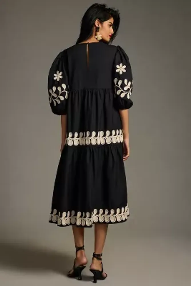 By Anthropologie Embroidered Puff-Sleeve Dress
