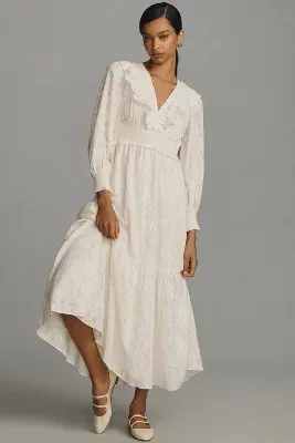 By Anthropologie Long-Sleeve Ruffle-Neck Maxi Dress