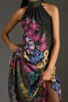 By Anthropologie Halter Asymmetrical Silk Midi Dress