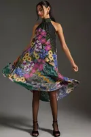 By Anthropologie Halter Asymmetrical Silk Midi Dress