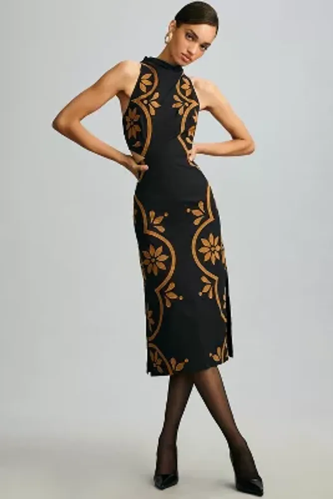 By Anthropologie Halter Appliqué Midi Dress