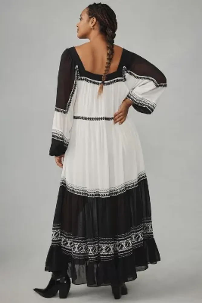 By Anthropologie Long-Sleeve Embroidered Sheer Maxi Dress