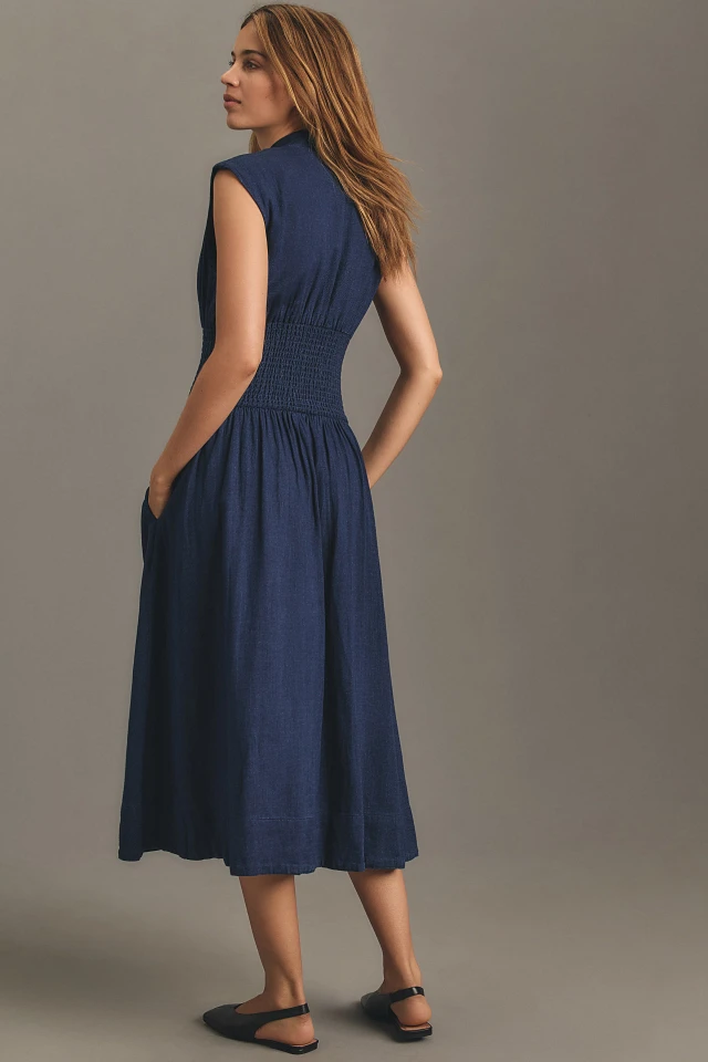 By Anthropologie The Tommie Cap-Sleeve Smocked Front-Zip Shirt Dress: Denim Edition | Hawthorn Mall By Anthropologie The Tommie Cap-Sleeve Smocked Front-Zip Shirt Dress: Denim Edition | Hawthorn Mall