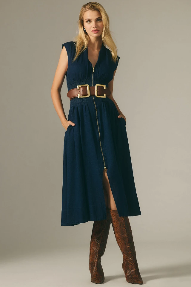 the tommie cap sleeve smocked front zip shirt dress Anthropologie The Tommie Cap-Sleeve Smocked Zip-Front Shirt Dress Shine Ed Sz XS