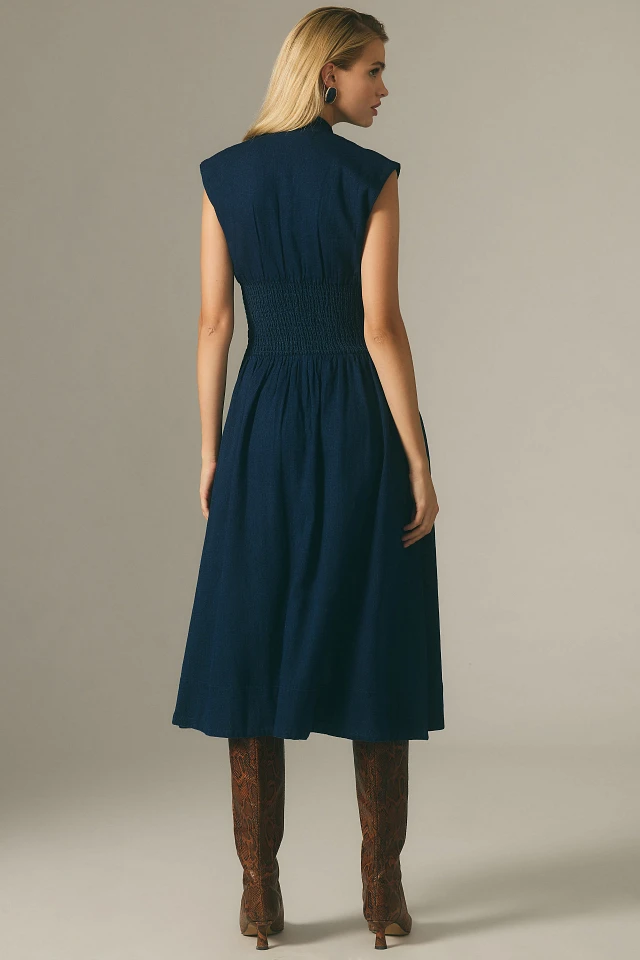 the tommie cap-sleeve smocked front-zip shirt dress: mini denim edition Tommie Cap-Sleeve Denim Smocked Front-Zip Mini Shirtdress