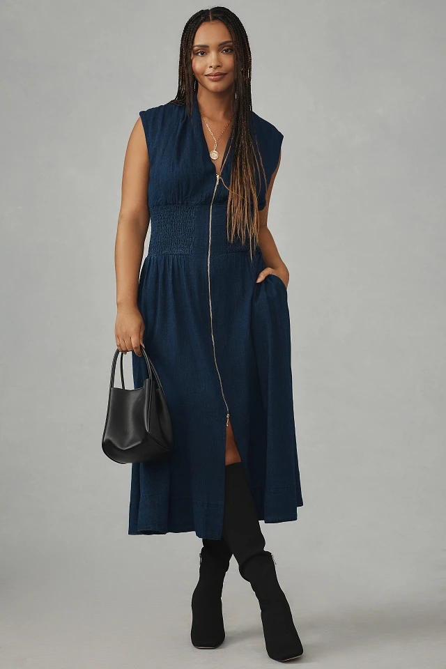 the tommie cap-sleeve smocked front-zip shirt dress: mini denim edition By Anthropologie The Tommie Cap-Sleeve Smocked Front-Zip Shirt Dress: Denim  Edition