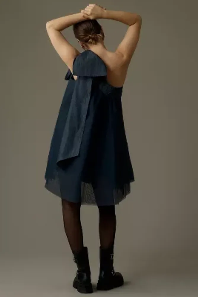 Pilcro One-Shoulder Bow Tulle Denim Mini Dress