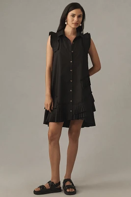 By Anthropologie Button-Front Pleated Mini Shirt Dress