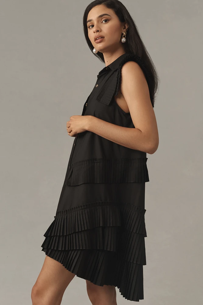 By Anthropologie Button-Front Pleated Mini Shirt Dress