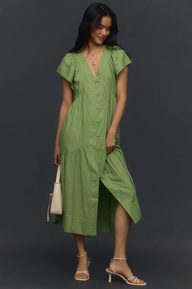 The Reneé Flutter-Sleeve Linen Button-Front Midi Dress