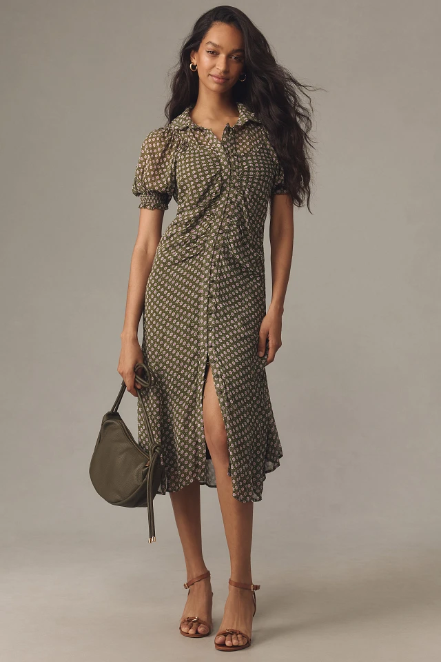 By Anthropologie Puff-Sleeve Ruched Mesh Midi Shirt Dress | The Summit By Anthropologie Puff-Sleeve Ruched Mesh Midi Shirt Dress | The Summit