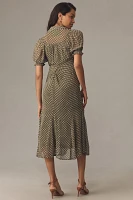 By Anthropologie Puff-Sleeve Ruched Mesh Midi Shirt Dress