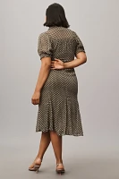 By Anthropologie Puff-Sleeve Ruched Mesh Midi Shirt Dress