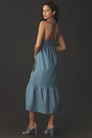 Pilcro Halter Embroidered Denim Midi Dress