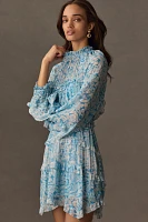 By Anthropologie Long-Sleeve Backless Sheer Ruffle Mini Dress