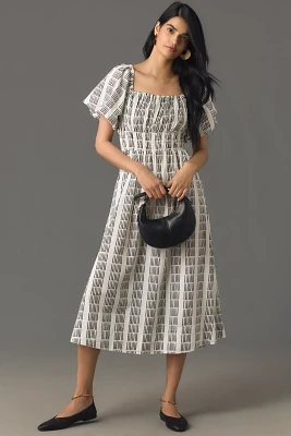 Maeve Puff-Sleeve Square-Neck Smocked Midi Dress