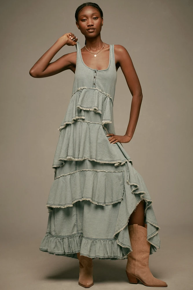 Pilcro Sleeveless Tiered Ruffled Denim Midi Dress