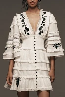 By Anthropologie Embroidered V-Neck Ruffled Mini Dress